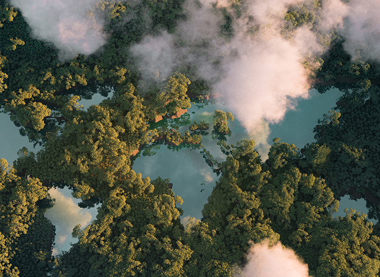 A birds-eye view of a forests, clouds and lakes